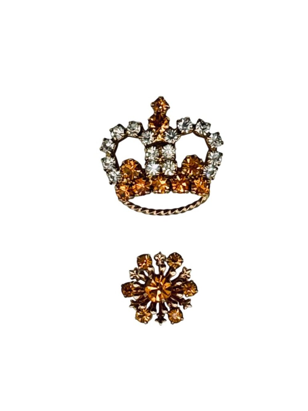 Vintage Crown Brooch Starburst Scatter Pin Gold Tone Rhinestones 2pc Prong-Set